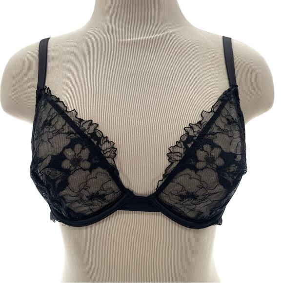 Victoria’s Secret Romantic Low Cut Demi Bra Feminine Black Lace Size 34D - Picture 1 of 10